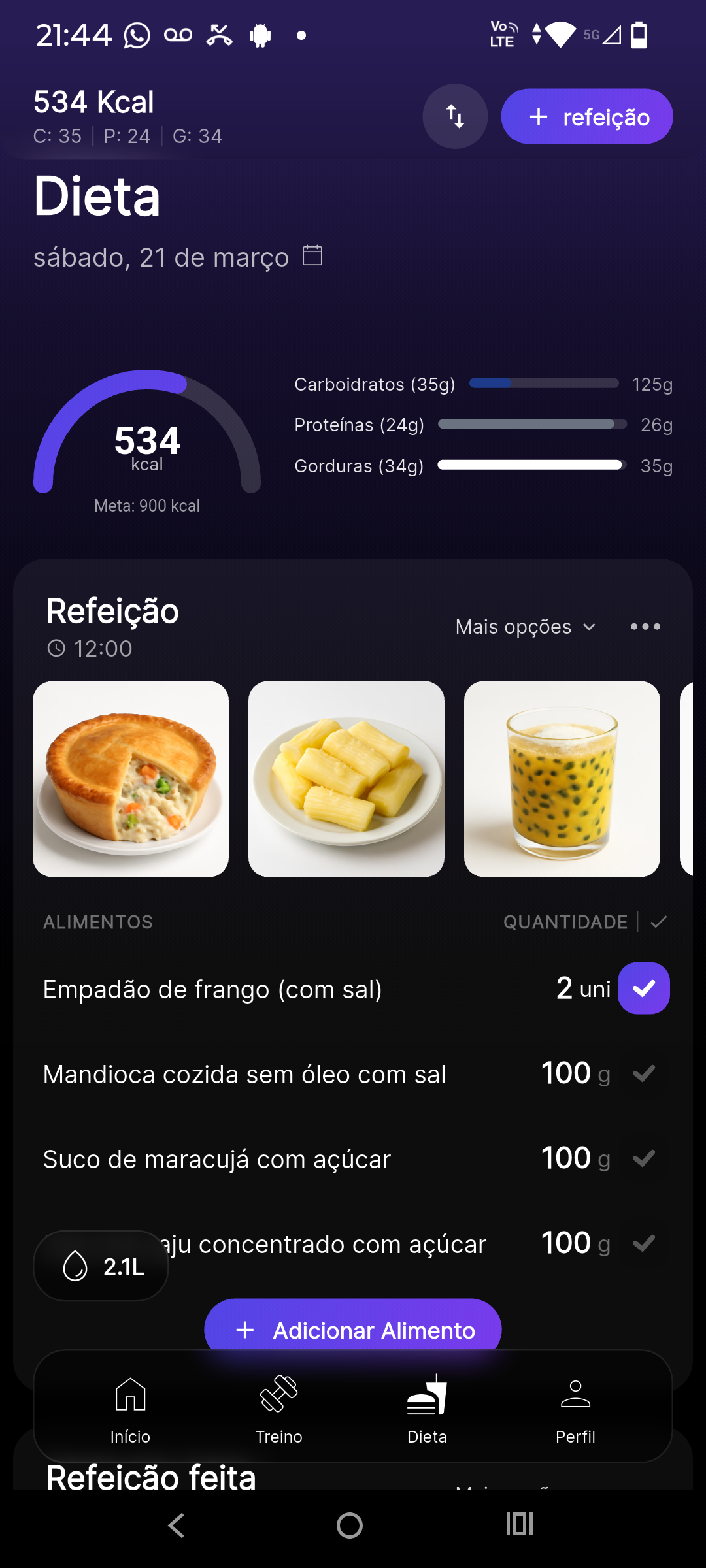 Tela de dieta no app Premium Coach — plano alimentar
